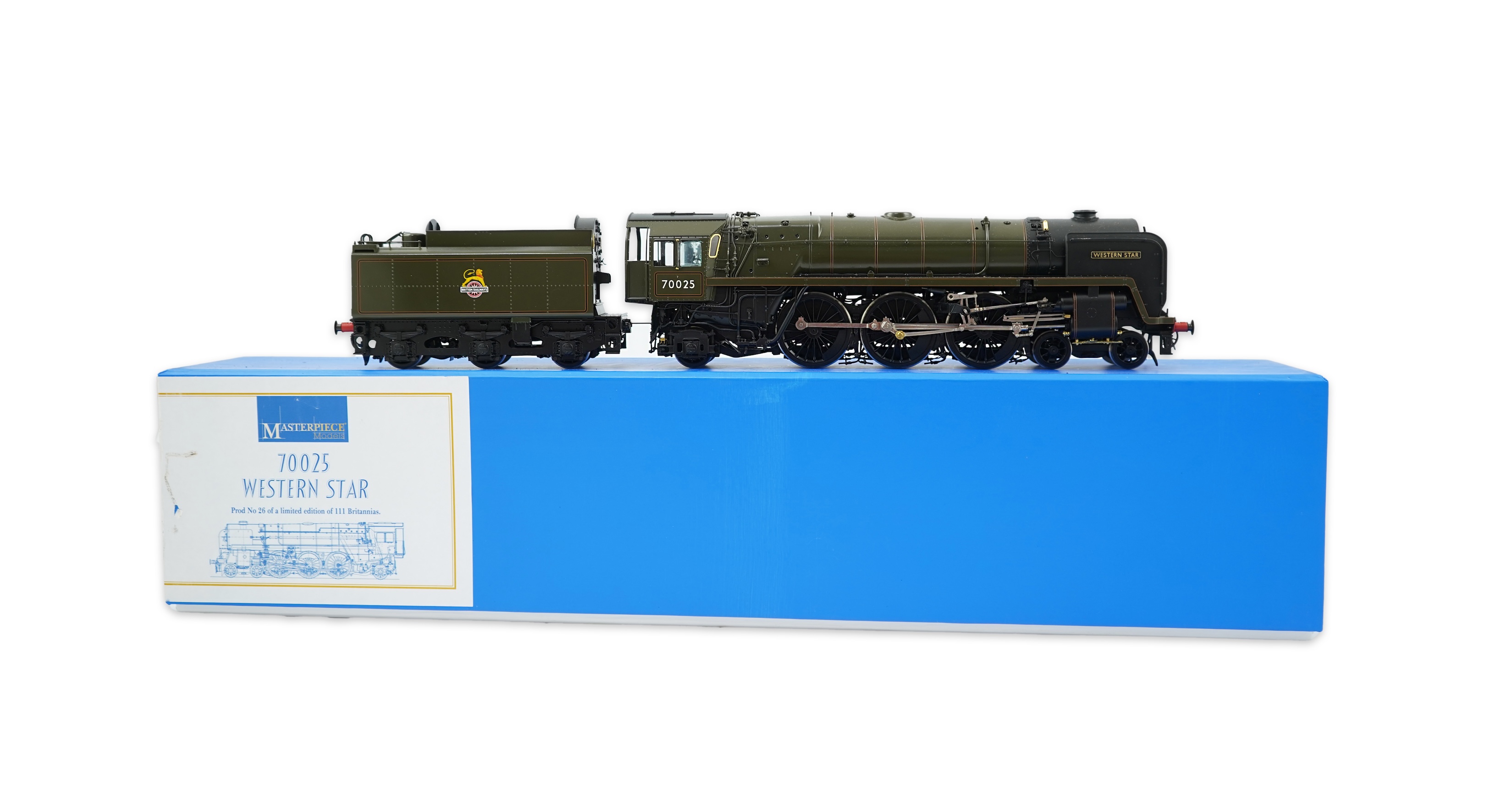 An 0 gauge Masterpiece Models model of BR Britannia Class (Standard Class 7), Western Star, 70025, 4-6-2 tender locomotive, powered for two rail operation, with original box.